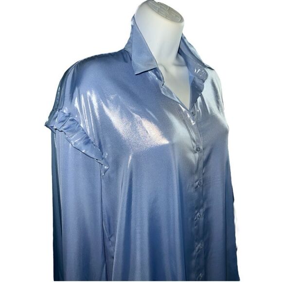 FREE PEOPLE Light Blue Oversized Ruffle Long Sleeve Holographic Shirtdress M. - Picture 4 of 5